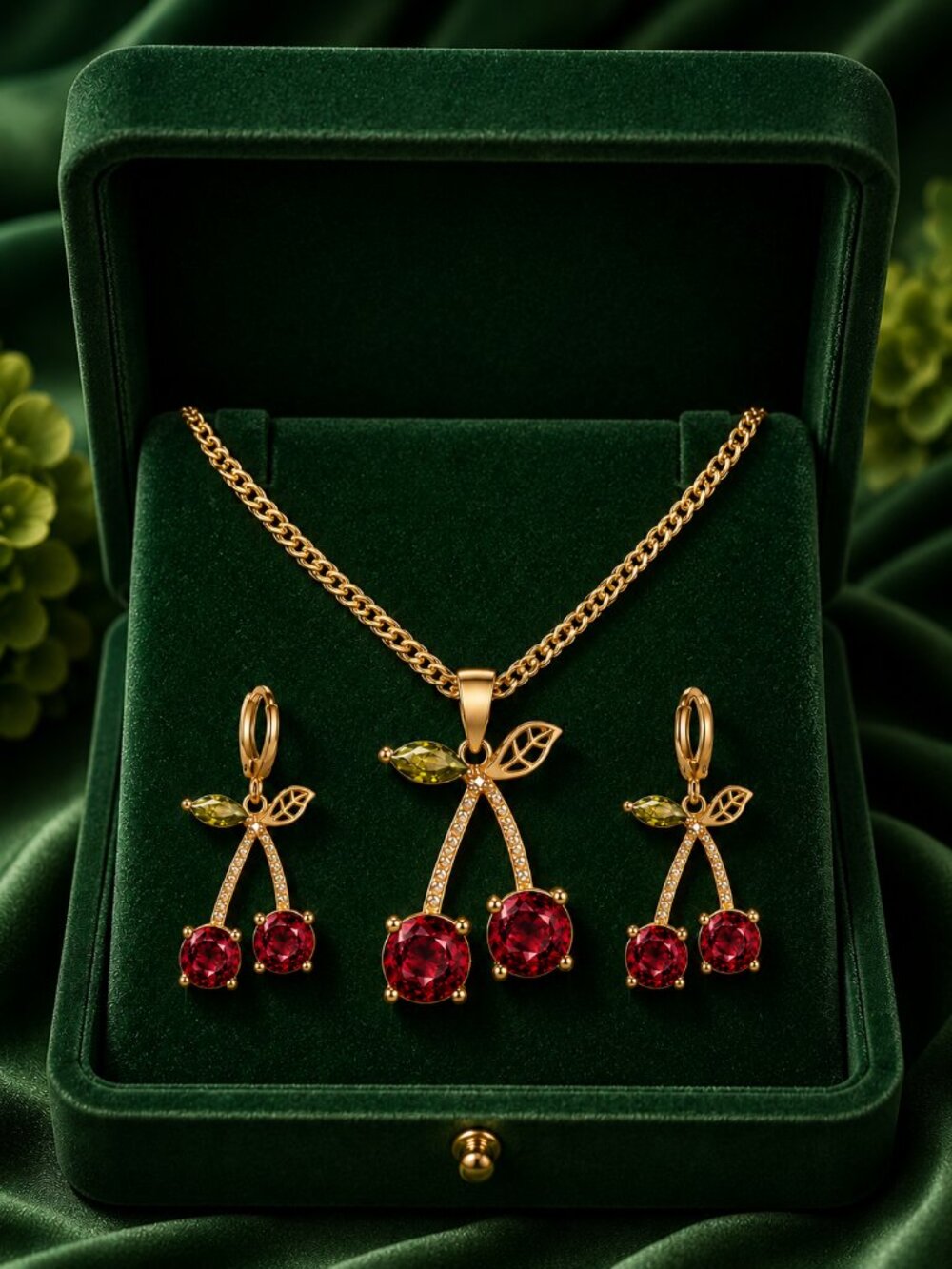 Cherry Red Crystal Necklace Earrings Jewelry Gift Set